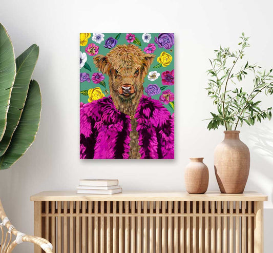 Furry Fashionistas - Fabulous Cow In Pink Coat Canvas Wall Art - GreenBox Art