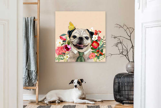 Floral Pug Portrait Canvas Wall Art - GreenBox Art