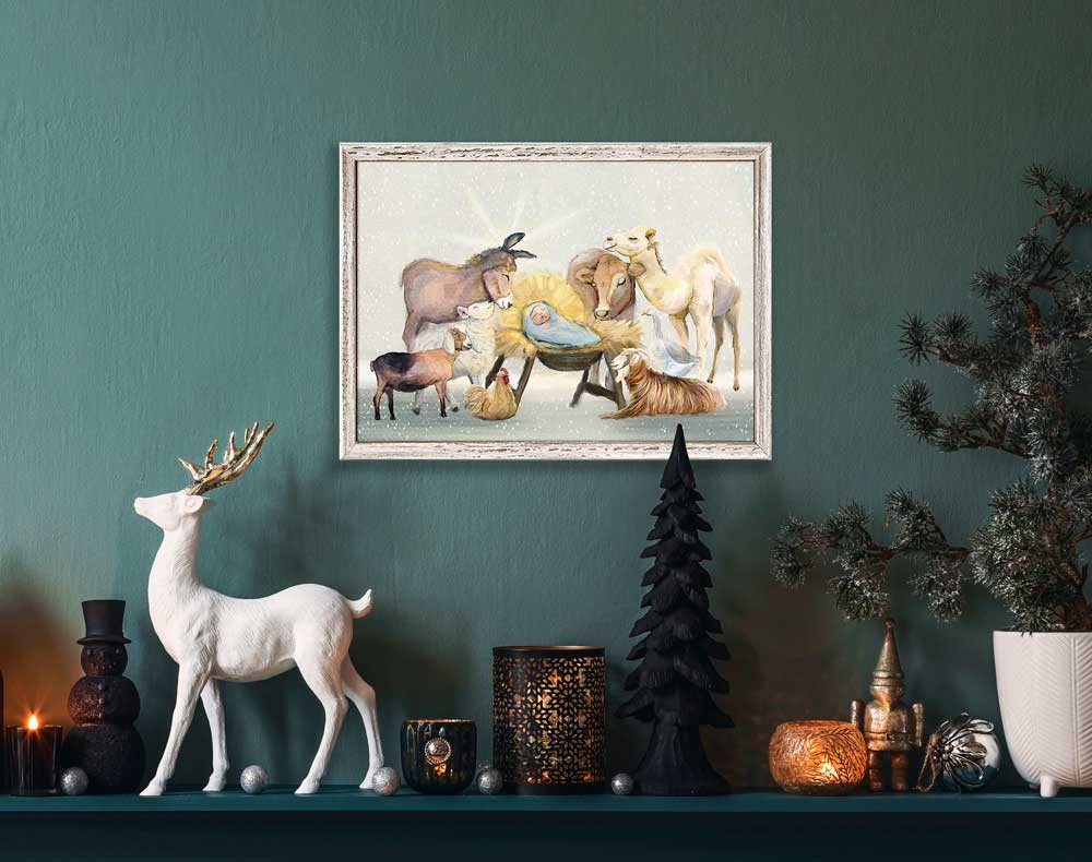 Holiday - Nativity Animals Light Sky Mini Framed Canvas - GreenBox Art