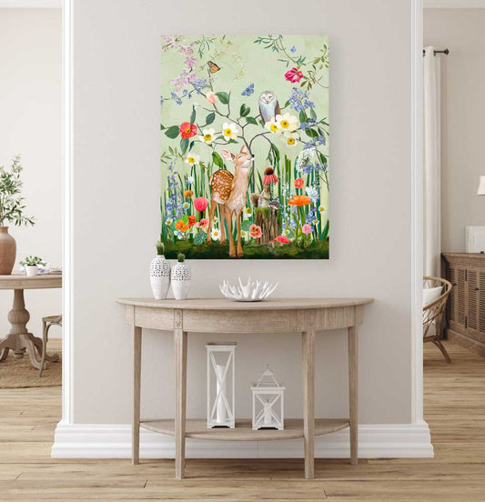 Springtime Friends - Fawn And Owl Canvas Wall Art
