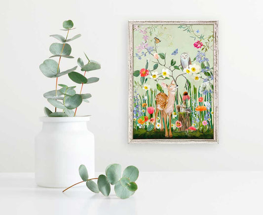 Springtime Friends - Fawn And Owl Mini Framed Canvas - GreenBox Art