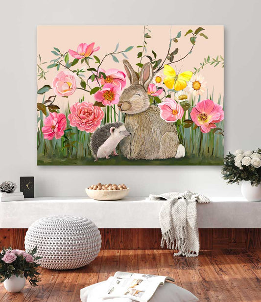 Springtime Friends - Hedgie And Bun Canvas Wall Art - GreenBox Art