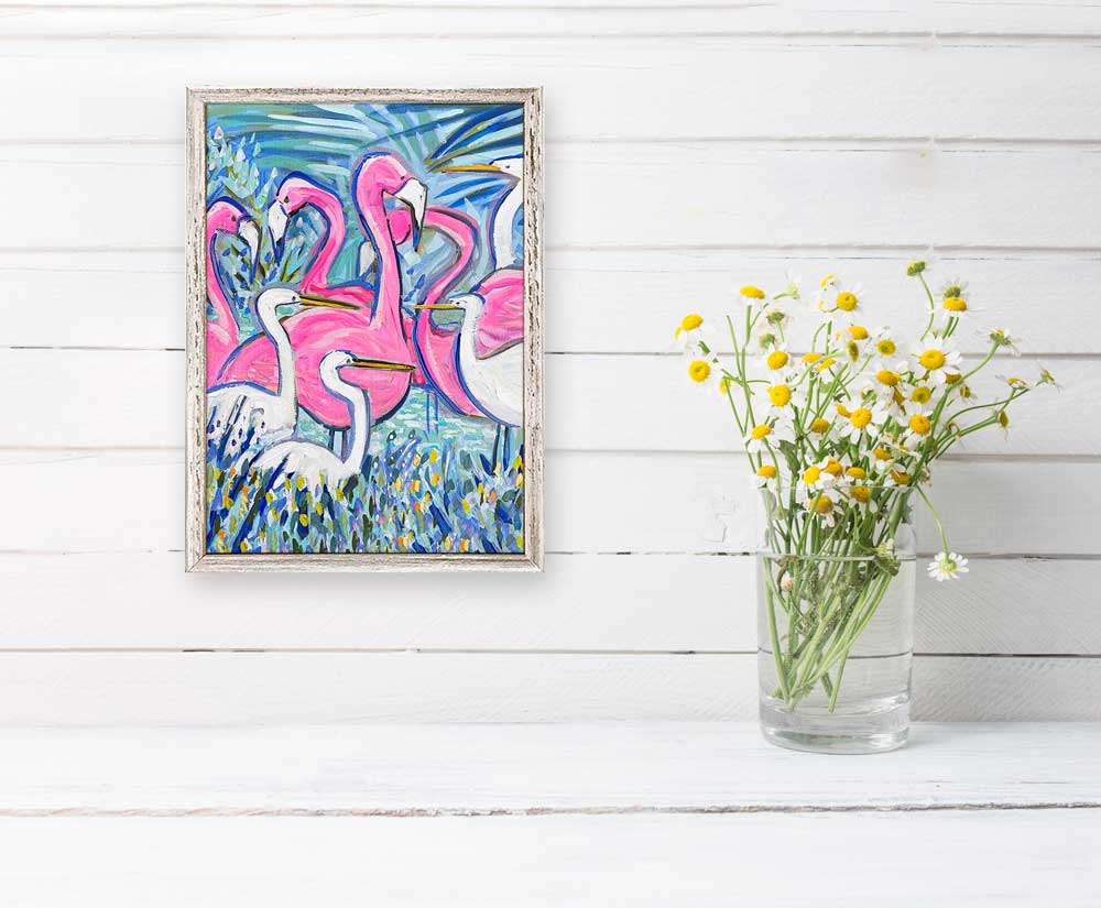 Flamingos & Egrets Mini Framed Canvas