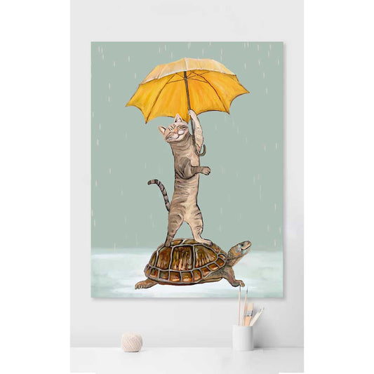 Rainy Day Parade Cat And Turtle Canvas Wall Art - GreenBox Art