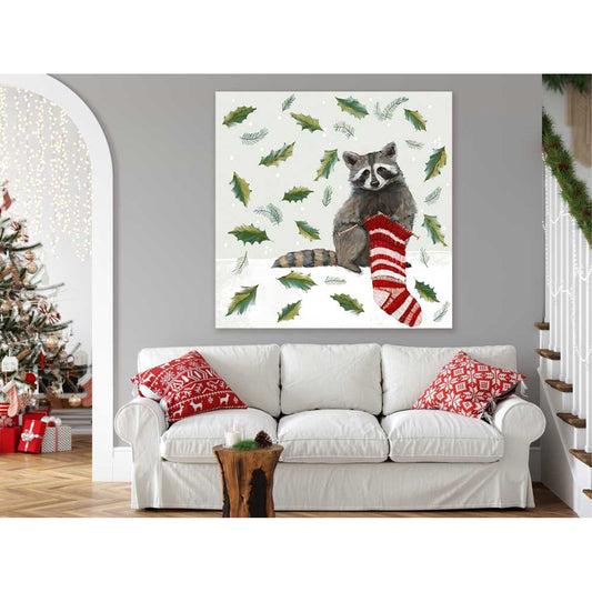 Holiday - Festive Knits Raccoon Canvas Wall Art - GreenBox Art