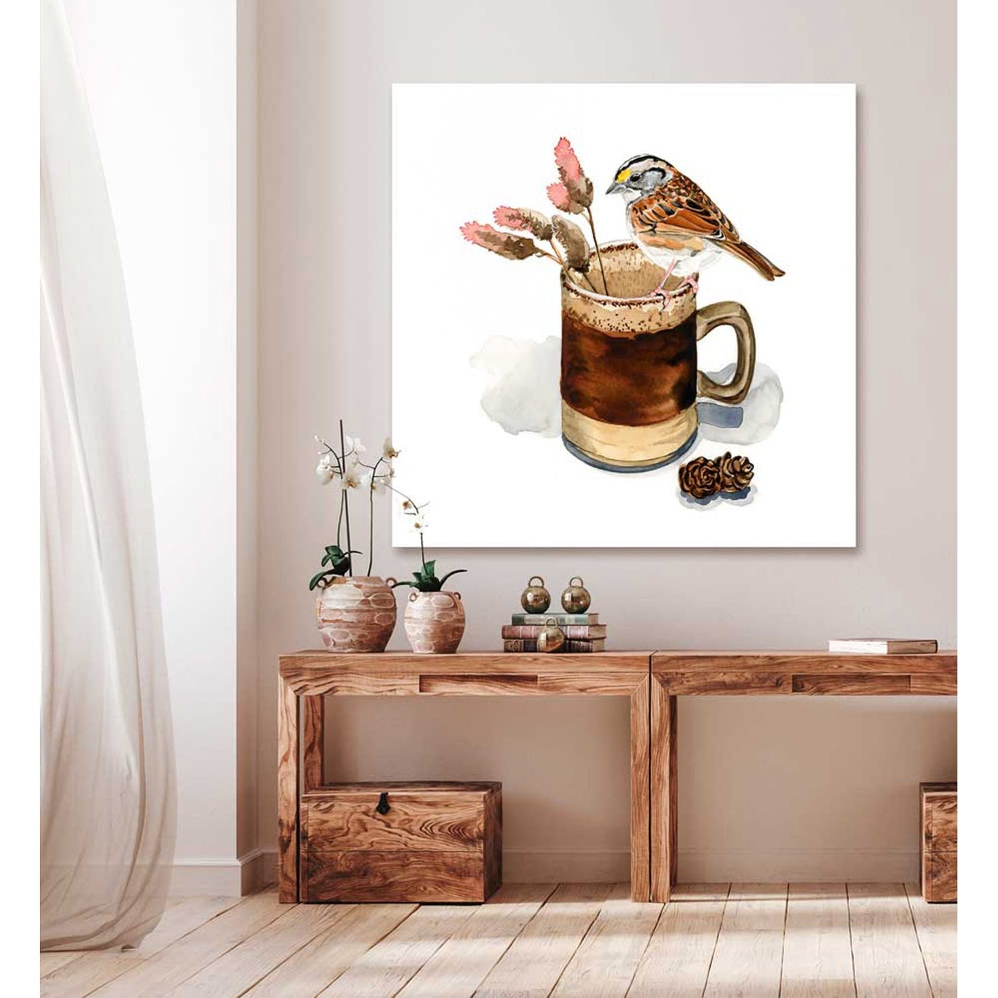 Watercolor Mug And Bird Canvas Wall Art - GreenBox Art