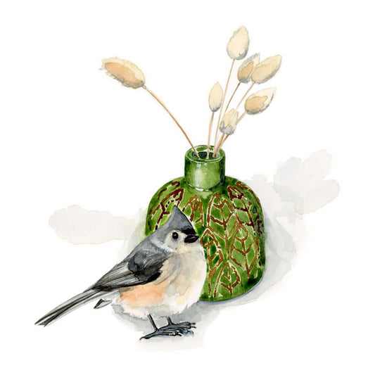 Watercolor Titmouse With Green Vase Canvas Wall Art