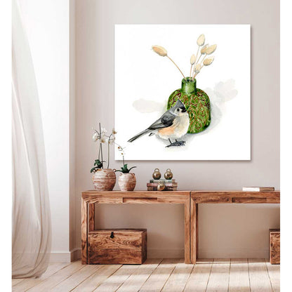Watercolor Titmouse With Green Vase Canvas Wall Art