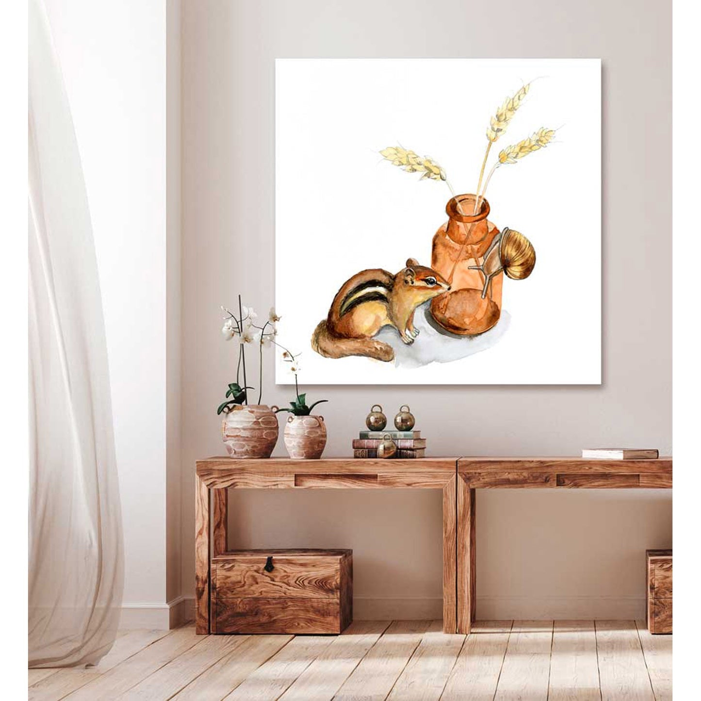 Watercolor Chipmunk With Vase Canvas Wall Art