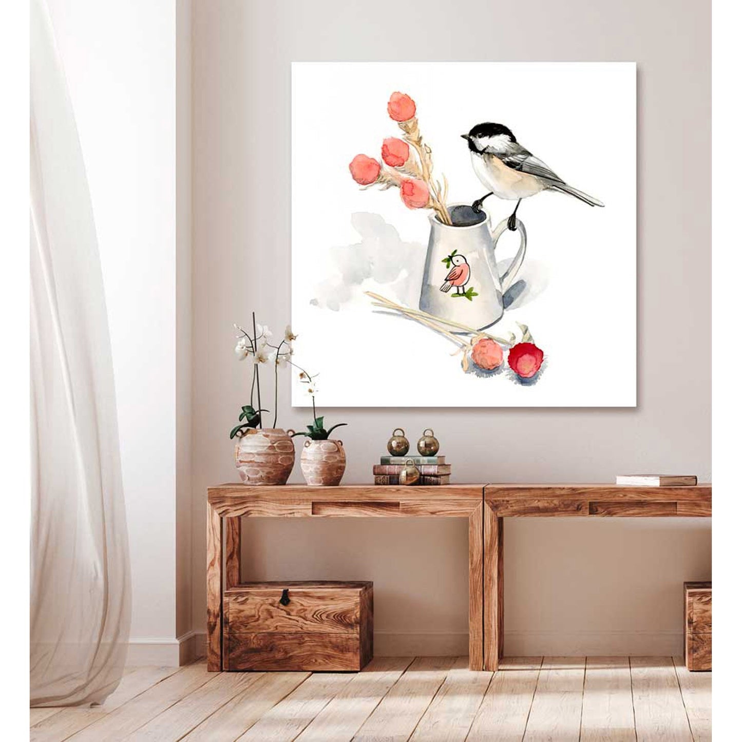 Watercolor Chickadee On Vase Canvas Wall Art