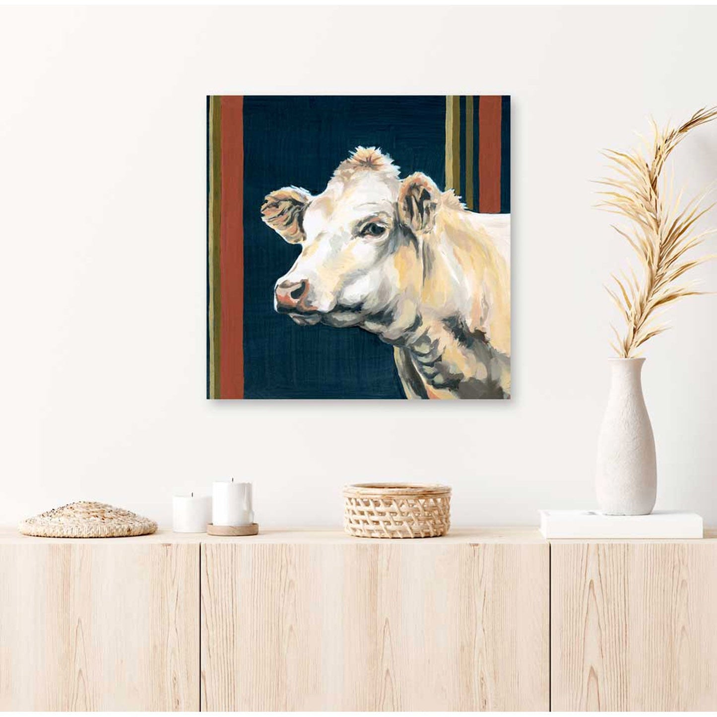 Striped White Cow Canvas Wall Art - GreenBox Art