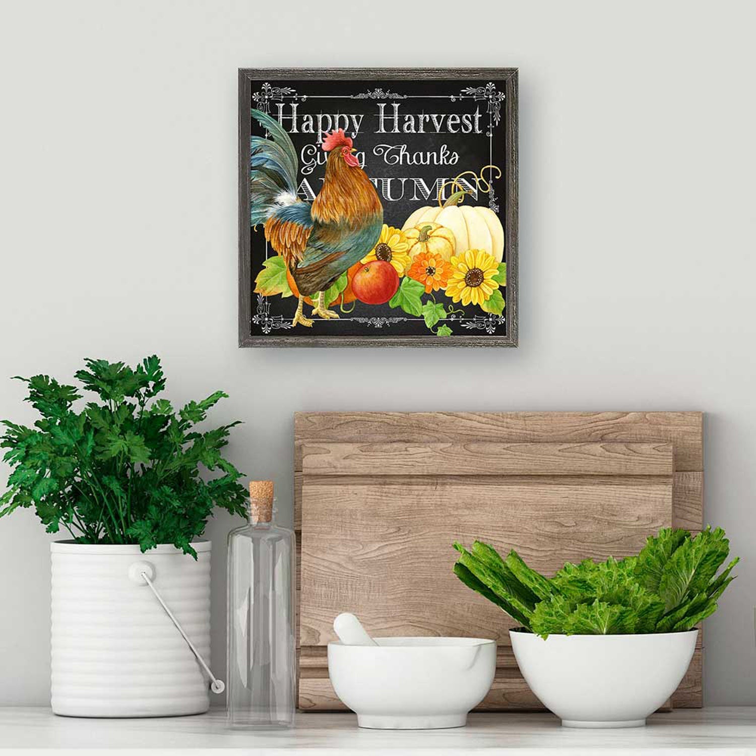 Fall - Harvest Greetings - Rooster Mini Framed Canvas - GreenBox Art