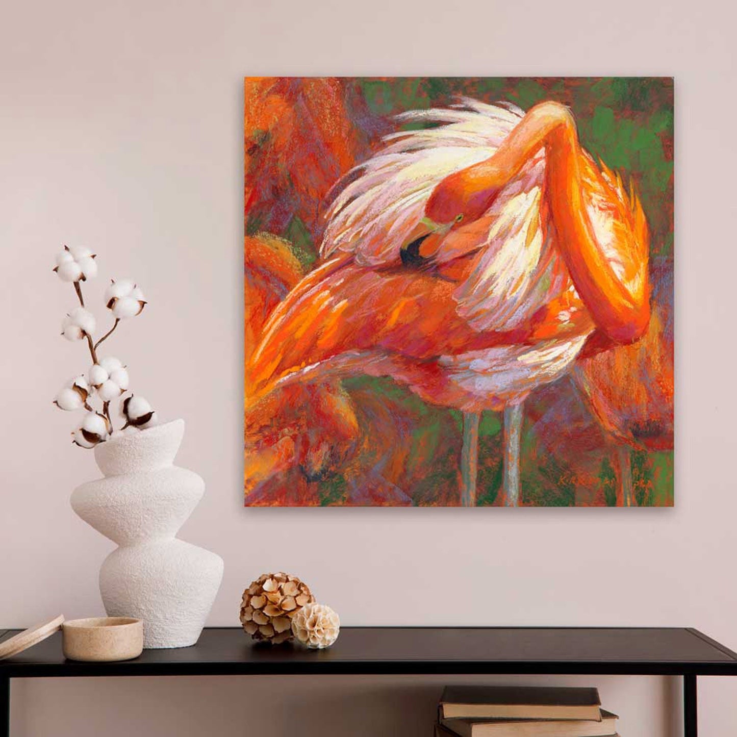 Preening Flamingo Canvas Wall Art - GreenBox Art