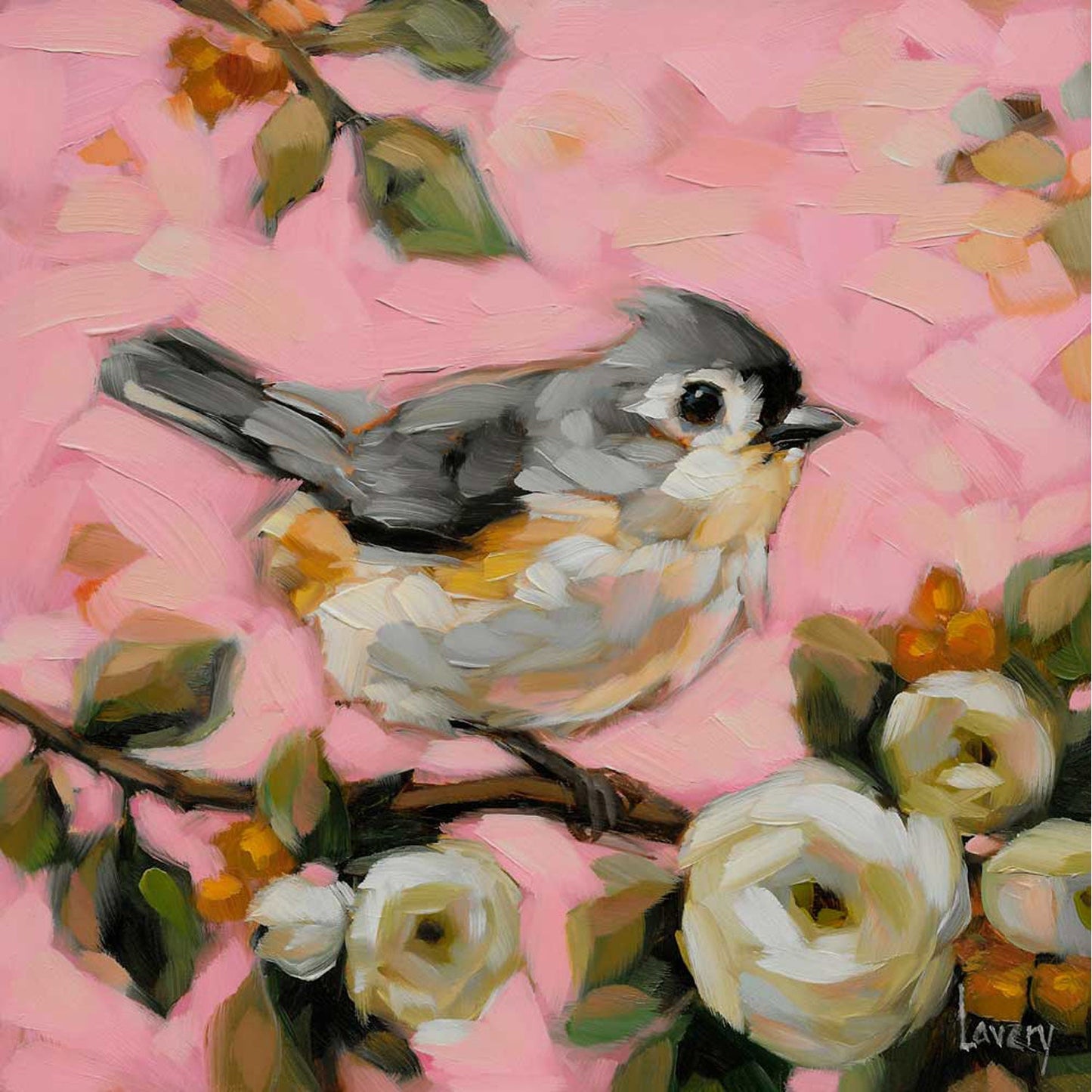 Tufted Titmouse On Pink Canvas Wall Art - GreenBox Art