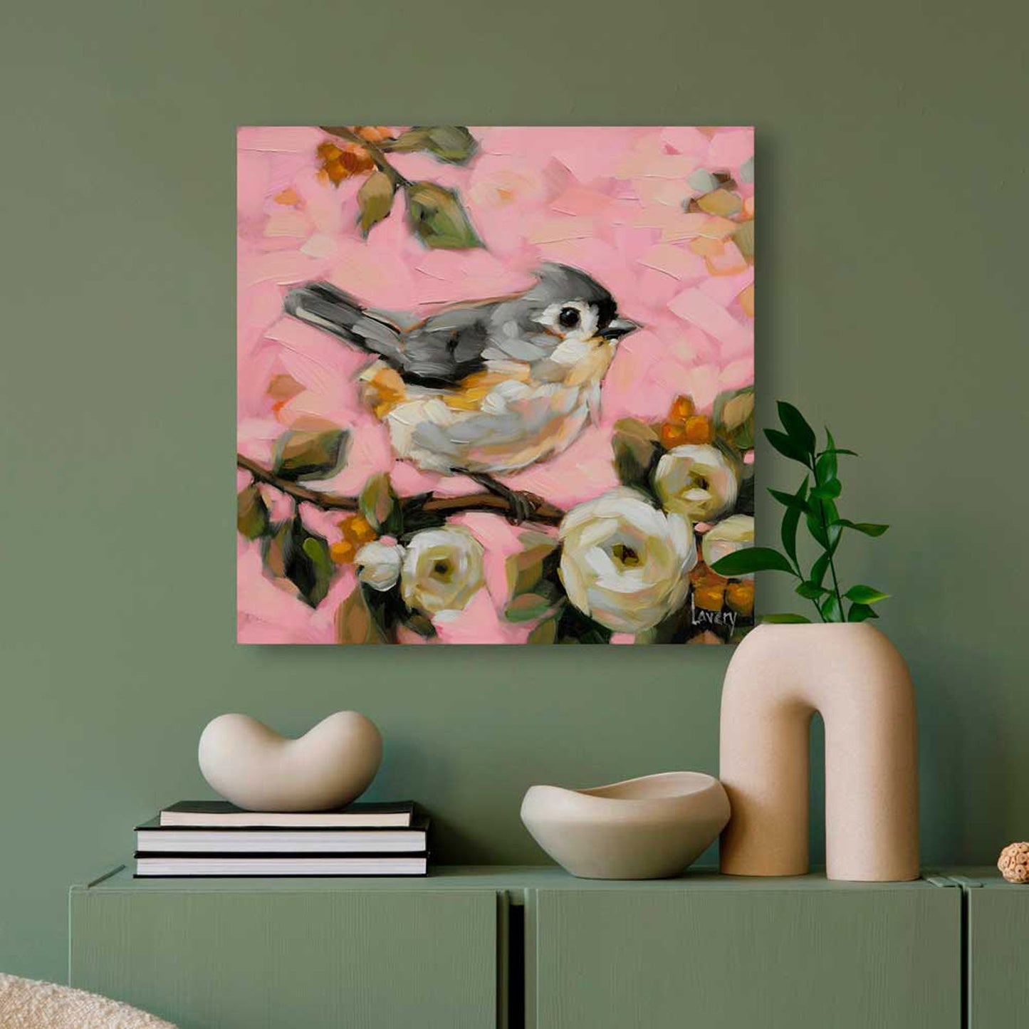 Tufted Titmouse On Pink Canvas Wall Art - GreenBox Art