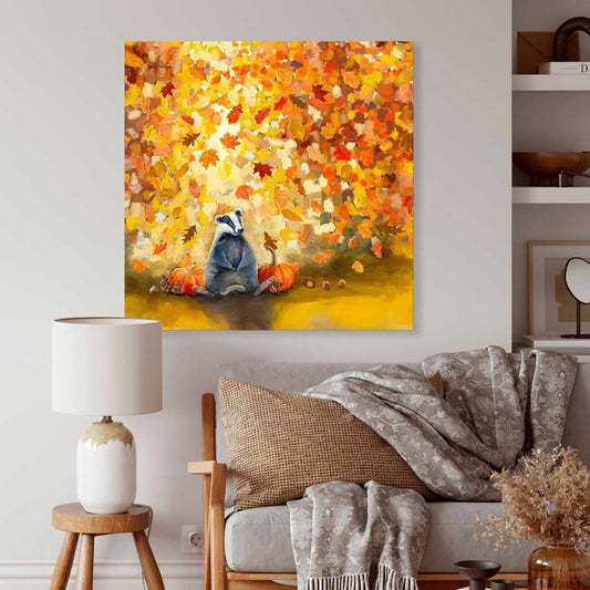 Fall - Autumn Badger Leaves Canvas Wall Art