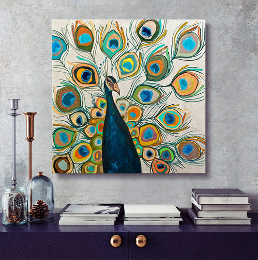 Peacock - Metallic Pearl White Canvas Wall Art