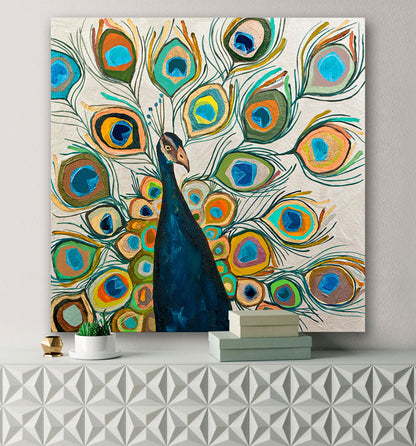 Peacock - Metallic Pearl White Canvas Wall Art - GreenBox Art