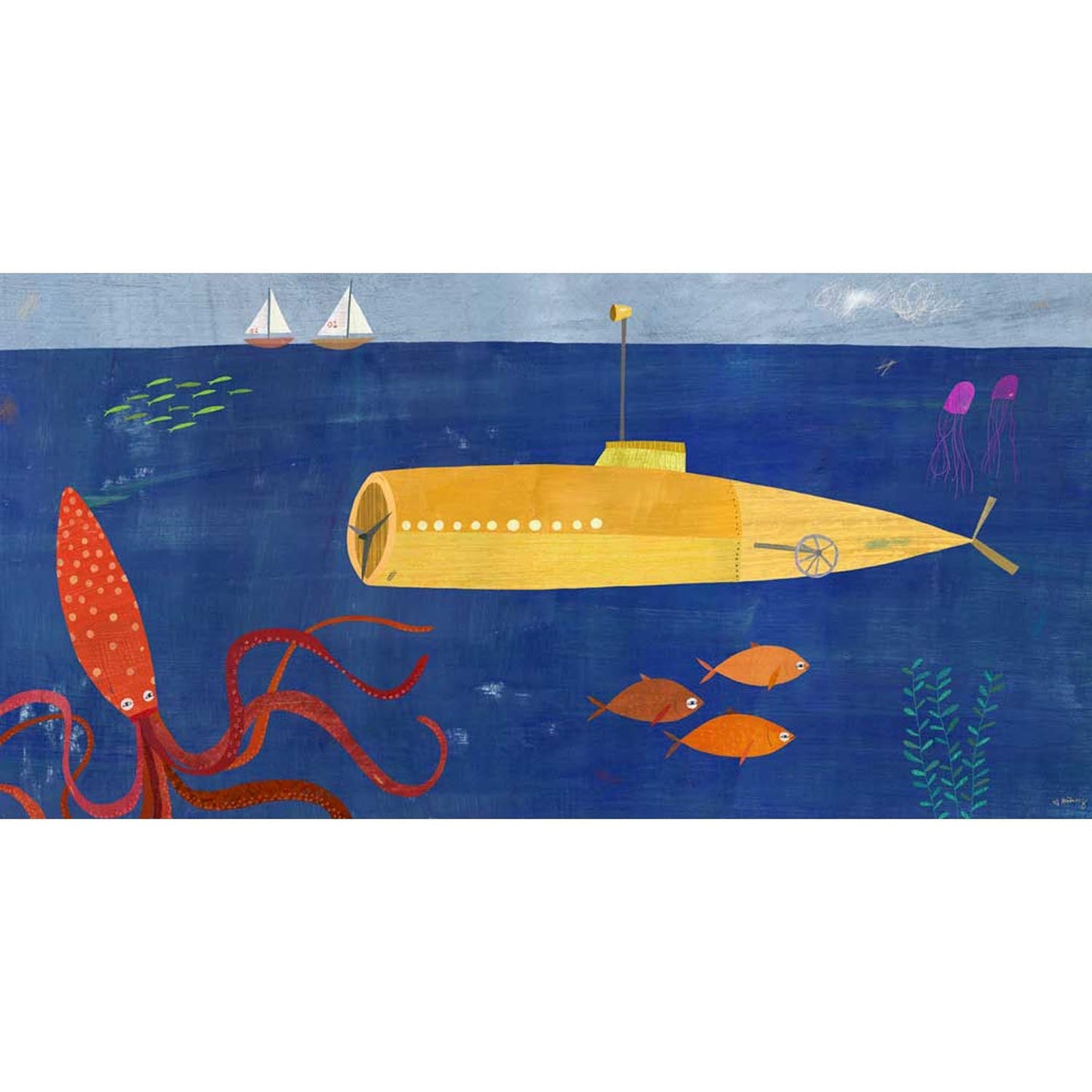 Submarine and Octopus Canvas Wall Art