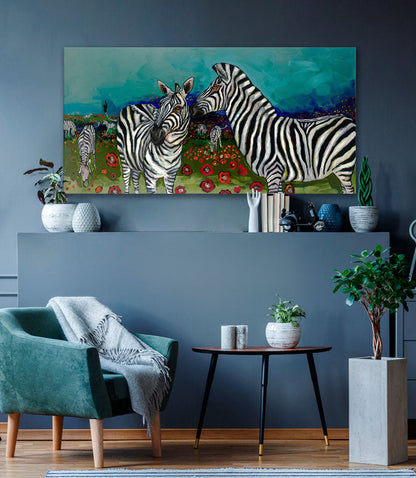 Poppy Field of Zebras Canvas Wall Art