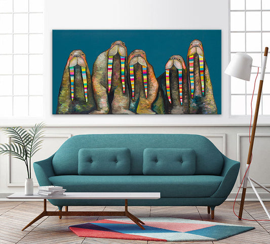 Designer Walruses On Marine Blue Canvas Wall Art - GreenBox Art