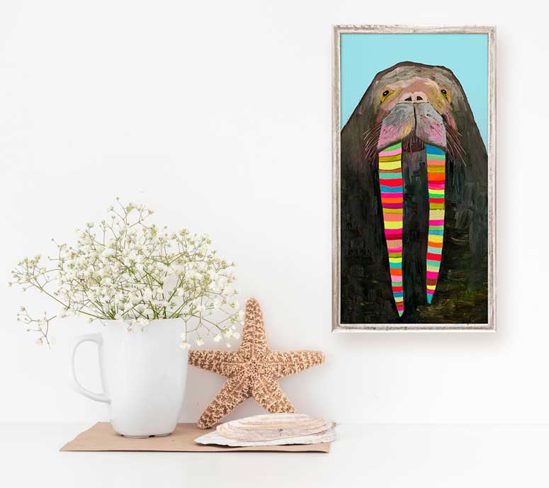 Designer Walrus on Bright Blue Mini Framed Canvas - GreenBox Art