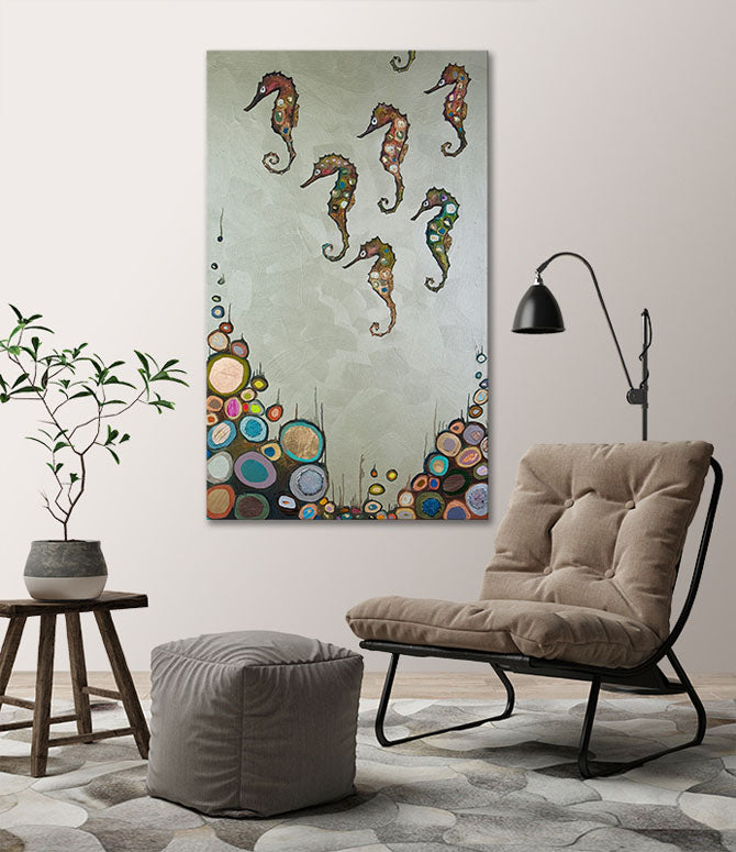 Seahorses on Celery Green Canvas Wall Art - GreenBox Art