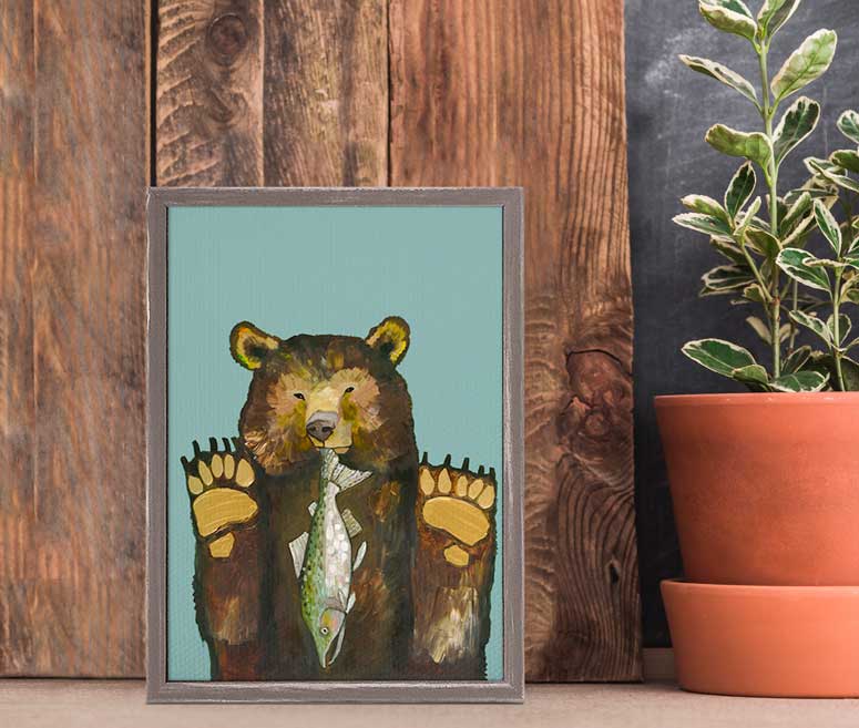 Bear With Salmon Mini Framed Canvas