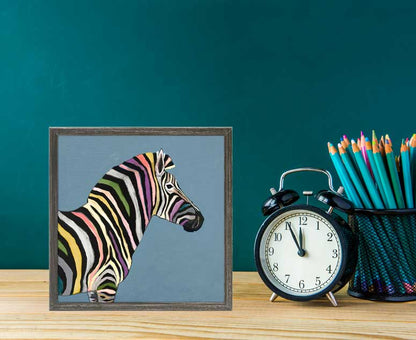 Wild Zebra On Blue Mini Framed Canvas