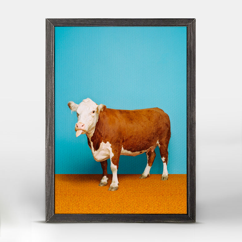 Cow On Bright Blue Mini Framed Canvas