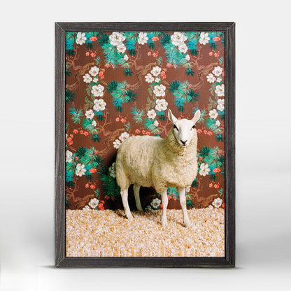 Sheep On Floral Pattern Mini Framed Canvas