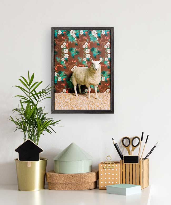 Sheep On Floral Pattern Mini Framed Canvas - GreenBox Art