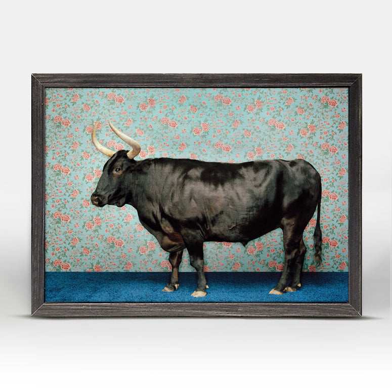 Bull On Blue Mini Framed Canvas