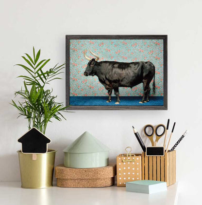 Bull On Blue Mini Framed Canvas