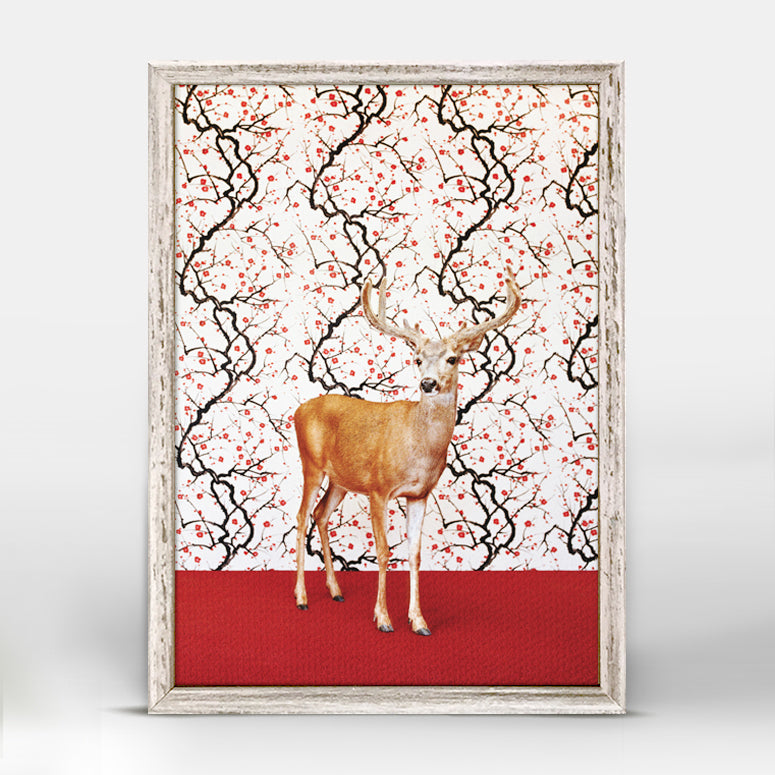 Deer On Floral Pattern Mini Framed Canvas