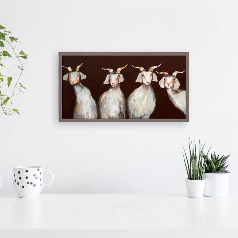 4 Goats on Chocolate Brown Mini Framed Canvas
