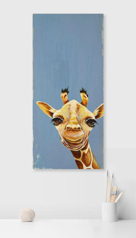 Good Morning Giraffe - Soft Blue Canvas Wall Art
