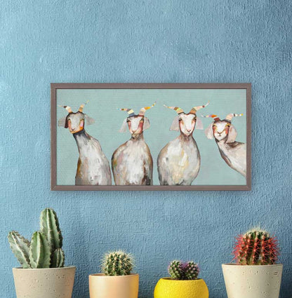 4 Goats on Soft Blue Mini Framed Canvas