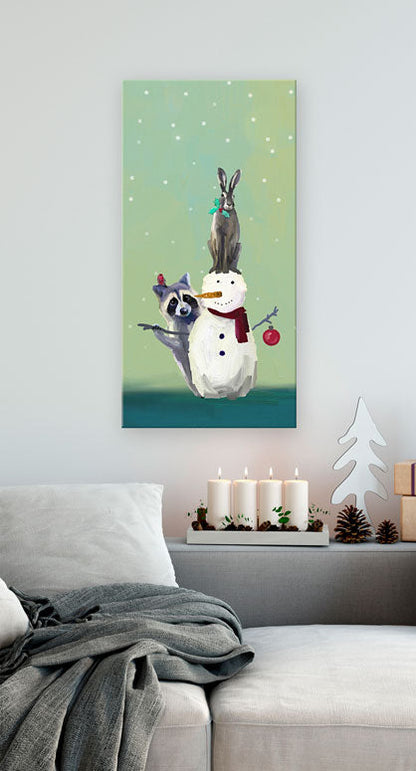 Holiday - Wondrous Snowman, Raccoon And Rabbit Canvas Wall Art