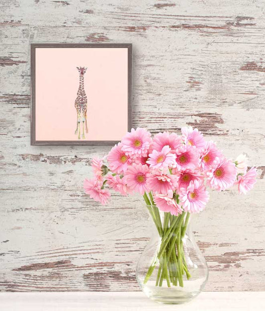 Baby Giraffe On Pink Mini Framed Canvas