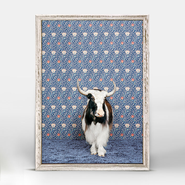 Yak on Blue Floral Mini Framed Canvas