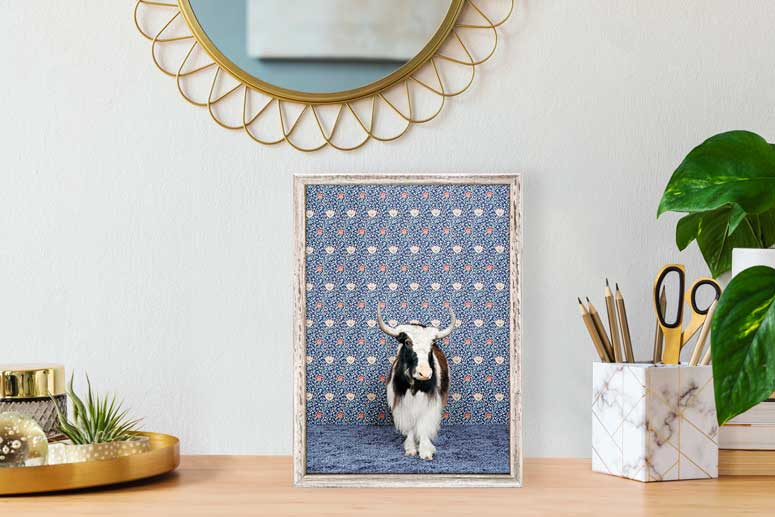 Yak on Blue Floral Mini Framed Canvas