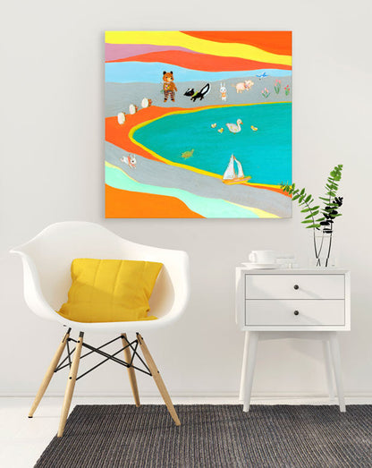 Lake Animals Abstract Canvas Wall Art - GreenBox Art