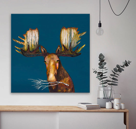 Moose With Branch Canvas Wall Art - GreenBox Art