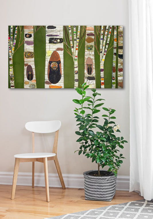 Black Bear Birch Tree Forest Canvas Wall Art - GreenBox Art