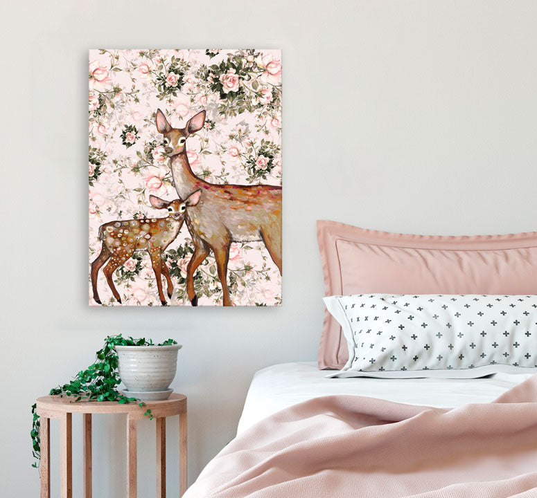 Deer with Fawn - Floral Canvas Wall Art - GreenBox Art