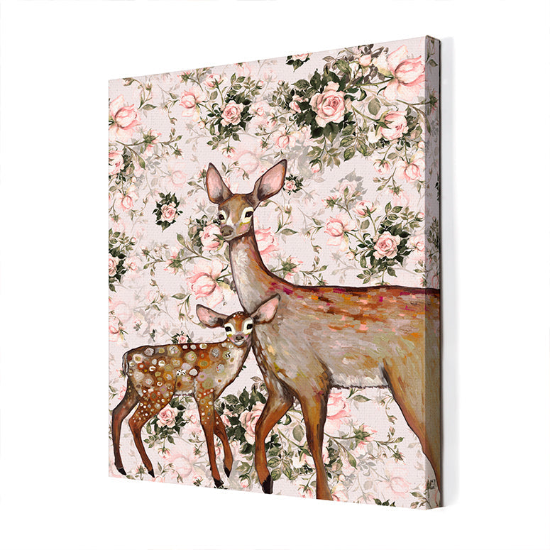 Deer with Fawn - Floral Canvas Wall Art