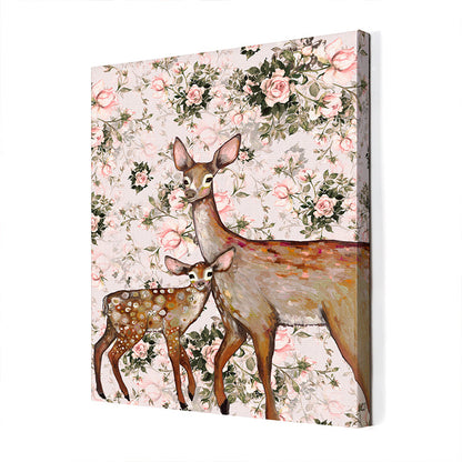 Deer with Fawn - Floral Canvas Wall Art - GreenBox Art