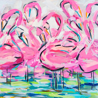 Flamingos In A Flock Canvas Wall Art