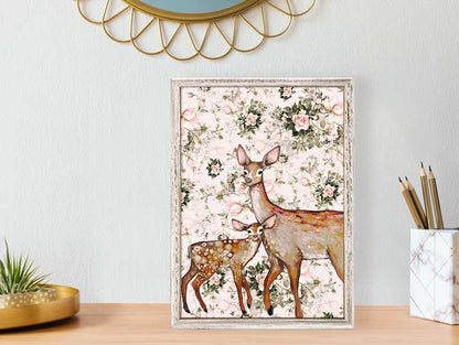 Deer with Fawn - Floral Mini Framed Canvas - GreenBox Art